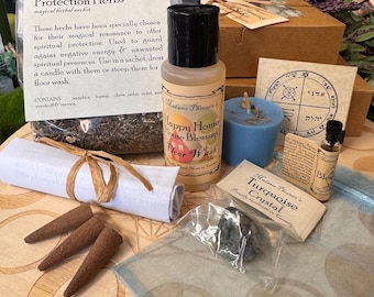 May include: A spiritual protection kit containing a bag of Protection Herbs, a bottle of Happy Home House Blessing floor wash, a blue votive candle, three incense cones, a small vial of oil, a turquoise crystal, and a paper card with a circular seal.