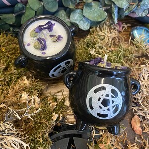 May include: Two black cauldron-shaped candles with white pentagram designs and dried purple flowers on top. The candles are sitting on a bed of moss.