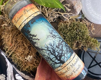May include: A clear glass spell candle with a label featuring a moonlit forest scene. The label reads "Madame Phoenix's Shadows & Moonlight Spell Candle." The candle is surrounded by moss, leaves, and a decorative stone.