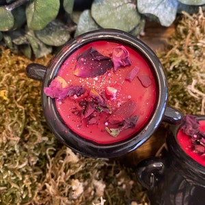 May include: A black cauldron candle with a red wax base and dried rose petals. The candle is surrounded by green moss.