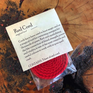 May include: Red cord, a magical tool used in knot magic and for containing energies. It symbolizes the life connection of blood, strength, power, and vitality. Contains 3 feet of red cord.