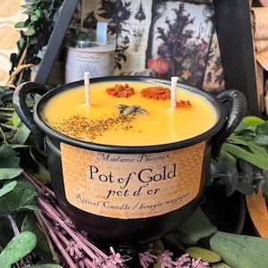 May include: A black cauldron-shaped candle with a yellow wax interior. The candle has two wicks, decorative orange flowers, and a bee charm. The label reads "Pot of Gold" and "Ritual Candle".