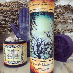 May include: A tall cylindrical candle labelled Madame Phoenix's Shadows & Moonlight Spell Candle featuring a full moon and tree silhouette, alongside a shorter black candle with the same label and a purple hand-shaped candle with an eye design.