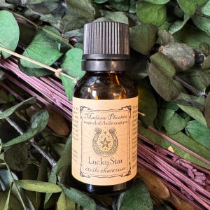 May include: A small amber glass bottle with a black ribbed cap and a tan label. The label features the text Madame Phoenix, magical oil, Lucky Star, and étoile chanceuse, along with a graphic illustration of a horseshoe containing a star.