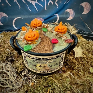 May include: A black cauldron candle with a green wax base and orange pumpkin decorations. The candle is labelled "Madame Phoenix Pumpkin Patch Spell Candle".