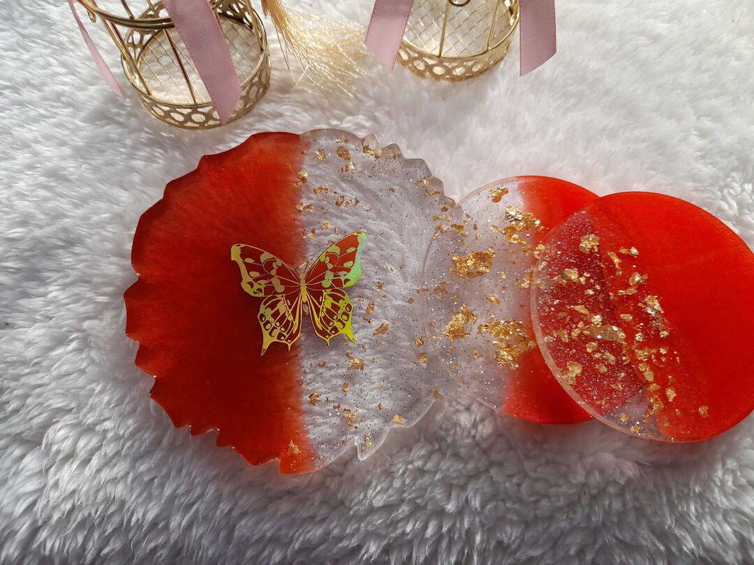 Red and Gold Butterfly in a Red and Gold Coaster Etsy