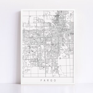 Carte du DAKOTA DU NORD FARGO - plan de la ville personnalisable, impression jet d'encre de haute qualité, art minimaliste