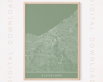 CLEVELAND OHIO MAP, Printable City Poster, Digital Download, Multiple Sizes, High Quality, 300 dpi, Sage background