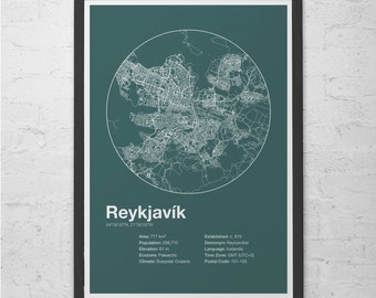 REYKJAVIK INFO MAP, Reykjavik, Iceland, Minimalist Map of Reykjavik, Infographic, Swiss Style Poster, Modernist Print, Street Map Line Art