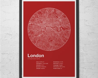 LONDON INFO MAP - London, England - Minimalist Map of London, Infographic, Swiss Style Poster, Modernist Print, Street Map Line Art