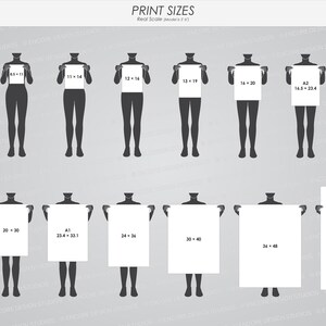 May include: Print size chart with various dimensions, including 8x10, 11x14, 16x20, and 20x30 inches, held by silhouetted figures. The chart also includes A1 and A3 sizes.