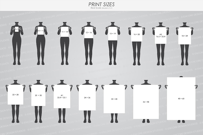May include: Print size chart with various dimensions, including 8x10, 11x14, 16x20, and 20x30 inches, held by silhouetted figures. The chart also includes A1 and A3 sizes.