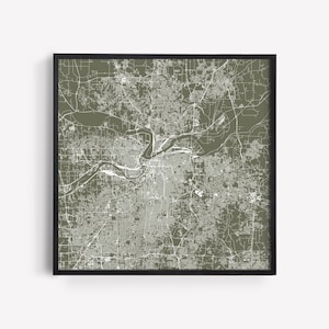 CARTE DE LA VILLE DE KANSAS - Couleurs personnalisables, oeuvre d'art murale de Kansas City, affiche du plan de la ville, carte minimaliste, décoration intemporelle, art mural classique, carte carrée