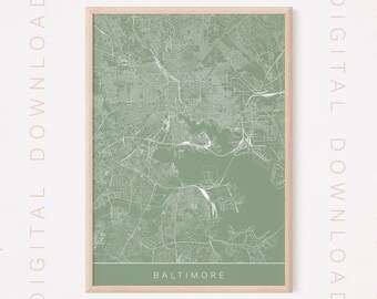 BALTIMORE CITY MAP, Digital Download, Modern Baltimore Poster, Printable, Multiple Sizes, High Quality, 300 dpi, Sage and White