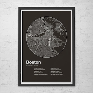 BOSTON INFO MAP - Boston, Massachusetts - Minimalist Map of Boston, Infographic, Swiss Style Poster, Modernist Print, Street Map Line Art