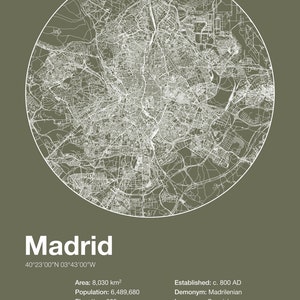 MADRID INFO MAP - Madrid, Spain - Minimalist Map of Madrid, Infographic, Swiss Style Poster, Modernist Print, Street Map Line Art