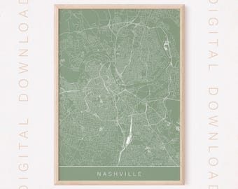 NASHVILLE MAP ART, Digital Download, Modern Tennessee City Poster, Printable, Multiple Sizes, High Quality, 300 dpi, Sage and White
