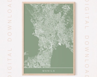 MANILA MAP ART, Digital Download, Modern Philipines City Poster, Printable, Multiple Sizes, High Quality, 300 dpi, Sage and White