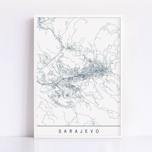 Carte de Sarajevo - impression d'art minimaliste de Sarajevo, plan de la ville personnalisable, impression jet d'encre de haute qualité, art de la carte moderne