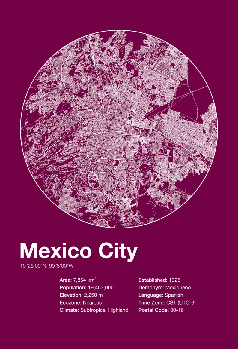 MEXICO INFO MAP Mexico City, Mexico Minimalist Map of Mexico City, Infographic, Swiss Style Poster, Modernist Print, Street Map Line Art image 2