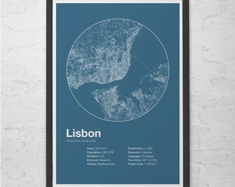 LISBON INFO MAP - Lisbon, Portugal - Minimalist Map of Lisbon, Infographic, Swiss Style Poster, Modernist Print, Street Map Line Art