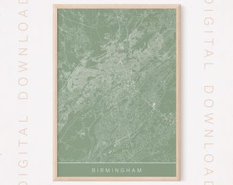 BIRMINGHAM ALABAMA MAP, Digital Download, Modern City Poster, Printable, Multiple Sizes, High Quality, 300 dpi, Sage and White
