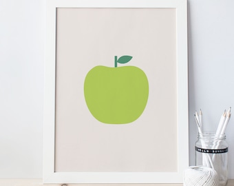 GREEN APPLE POSTER - Simple Kitchen Decor, Minimalist Print, Giclee Print, Apple Fruit Poster, Childrens, Gift Teacher Idea, Cosy Room Decor