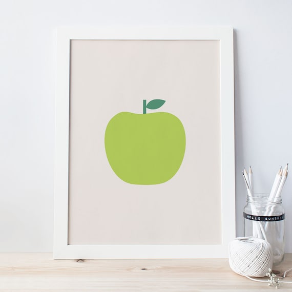 GREEN APPLE POSTER - Simple Kitchen Decor, Minimalist Print, Giclee Print, Apple Fruit Poster, Childrens, Gift Teacher Idea, Cosy Room Decor