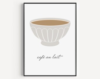 CAFE AU LAIT Print, French Coffee in Bowl Art, Paris Travel Poster, Breakfast Nook Decor, Unframed Print