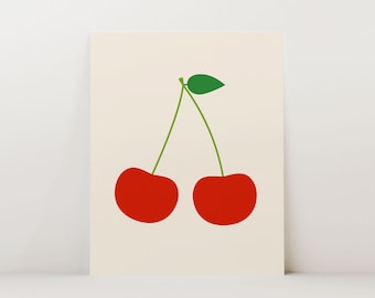 CHERRIES WALL ART, Minimalist Fruit Poster, Home or Business Decor, Giclee Art Print, Beige Background