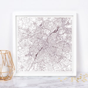 PLAN DE LA VILLE DE BRUXELLES - affiche de carte fine art - impression de carte de Bruxelles plan de la ville minimaliste, décoration intemporelle, art mural classique, carte carrée
