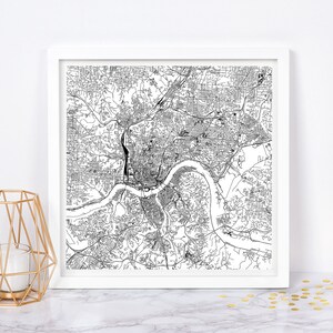 Plan de la ville de Cincinnati - affiche de carte fine art - impression de carte de Cincinnati, carte de la ville minimaliste, décoration intemporelle, art mural classique, carte carrée