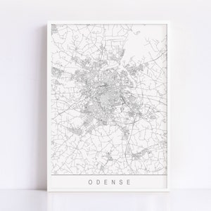 May include: A black and white line art map of Odense, Denmark. The map shows the city's streets and waterways. The word "ODENSE" is printed in black at the bottom of the map.