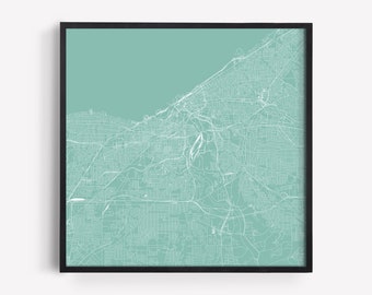 Può includere: Una mappa incorniciata di Cleveland, Ohio, con uno sfondo verde acqua e linee bianche che rappresentano strade e corsi d'acqua.