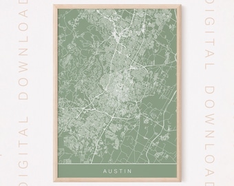 AUSTIN TEXAS MAP, Printable Digital Download, City Poster, Sage Green, Multiple Sizes, High Quality, 300 dpi
