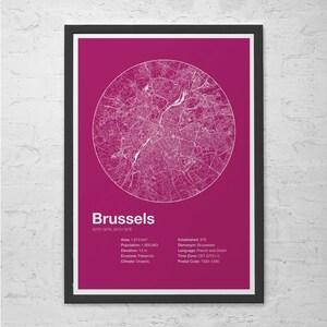 CARTE D'INFORMATION DE BRUXELLES - Bruxelles, Belgique - carte minimaliste de Bruxelles, infographie, affiche de style suisse, impression moderniste, dessin au trait de plan de rue