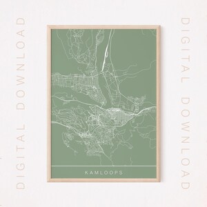 May include: A printable map of Kamloops, British Columbia, with white lines on a sage green background.
