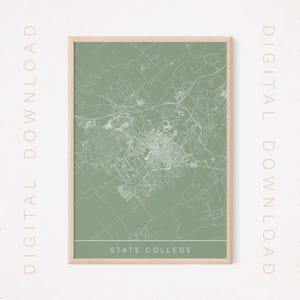 May include: A digital download of a green and white map of State College, Pennsylvania. The map is framed in a light wood frame.