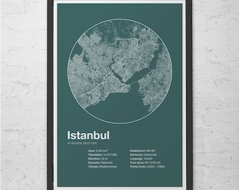 ISTANBUL INFO MAP - Istanbul, Turkey - Minimalist Map of Istanbul, Infographic, Swiss Style Poster, Modernist Print, Street Map Line Art