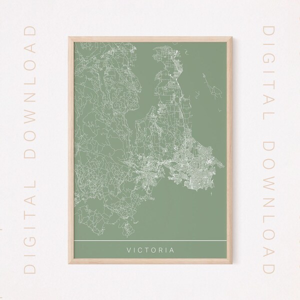 VICTORIA BC MAP, Printable Digital Download, British Columbia City Poster, Sage Green, Multiple Sizes, High Quality, 300 dpi