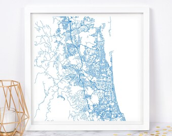 GOLD COAST MAP - Fine Art Map Poster - Gold Coast Australia Map Print Minimalist City Map, Timeless Decor, Classic Wall Art, Square Map