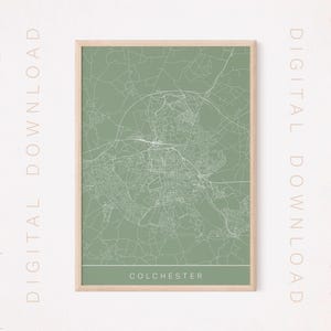 Puede incluir: Un mapa imprimible de Colchester, Inglaterra, con un fondo verde y líneas blancas que muestran las calles. El nombre de la ciudad está impreso en la parte inferior del mapa.