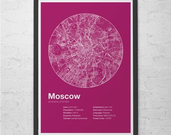 MOSCOW INFO MAP - Moscow, Russia - Minimalist Map of Moscow, Infographic, Swiss Style Poster, Modernist Print, Street Map Line Art