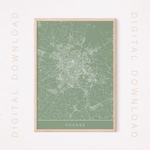 May include: A framed map print of Odense, Denmark, in a muted green color. The map features white detailed street and road networks. The print is in a light wooden frame, with the word "ODENSE" at the bottom.