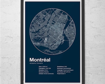 MONTREAL INFO MAP - Montreal, Quebec - Minimalist Map of Montreal, Poster Infographic, Swiss Style, Modernist Decor, Street Map Art