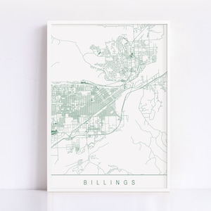 BILLINGS MONTANA MAP - plan de la ville personnalisable, impression giclée de haute qualité, art minimaliste