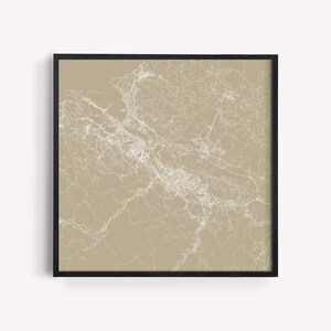 May include: A framed map of a city with white lines on a beige background. The map is in a black frame.