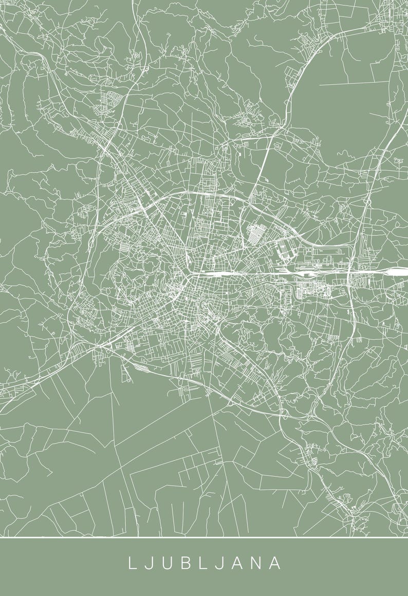 May include: A minimalist map of Ljubljana, Slovenia, in white lines against a muted green background. The city's layout, including roads and waterways, is detailed. The word "LJUBLJANA" is printed in white at the bottom. A modern piece of wall art.