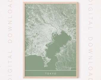 TOKYO JAPAN MAP, Printable Digital Download, City Poster, Sage Green, Multiple Sizes, High Quality, 300 dpi