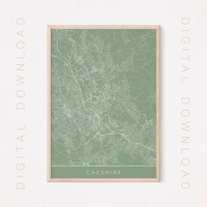 MAPA DE LA CIUDAD DE CHESHIRE, Descarga digital, Mapa de la ciudad de Cheshire, Inglaterra, Impresión de arte minimalista